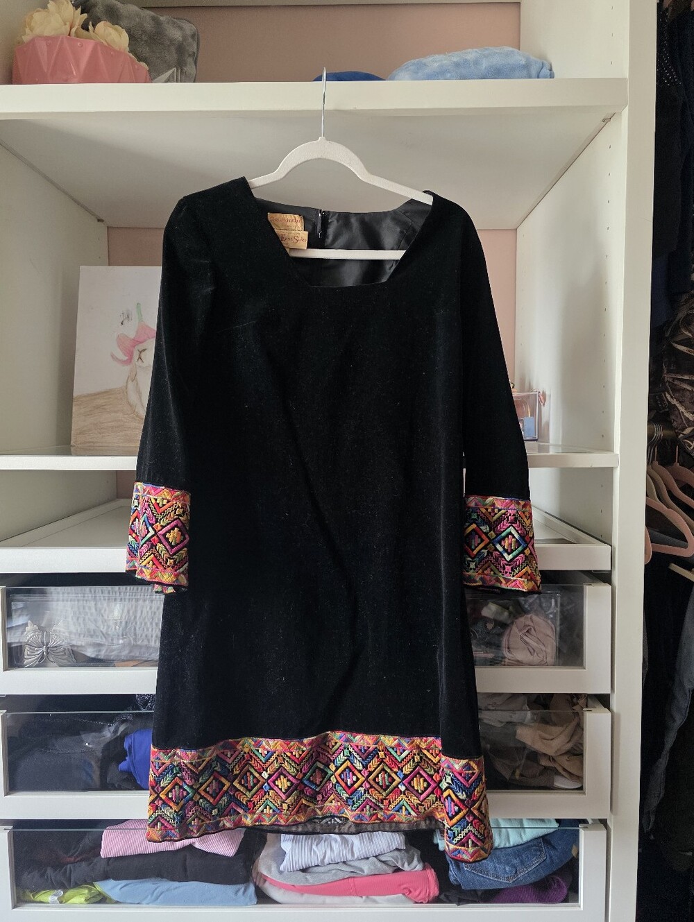 Vintage Long-Sleeve Shift Dress with Colorful Handmade Embroidered Trim
